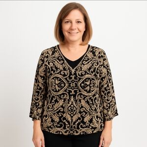Sarah Michelle Black Fleur De Lis Dual Layer Blouse Sz PXL